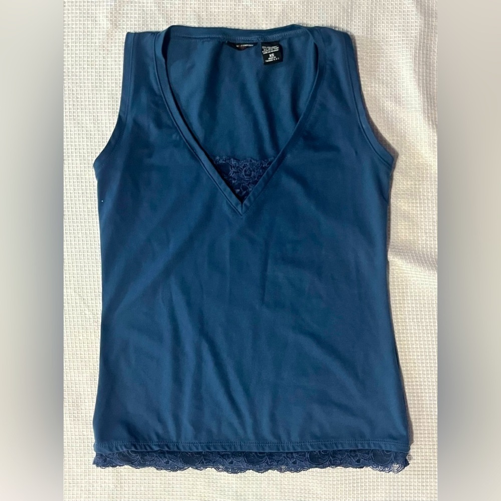 New York & Company Blue Sleeveless Fitted Camisole Tank Top Lace Detail XS
